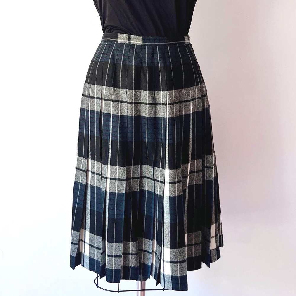 Reversible Pleated Midi Skirt Green Blue Plaid Wool Blend Vintage 60s